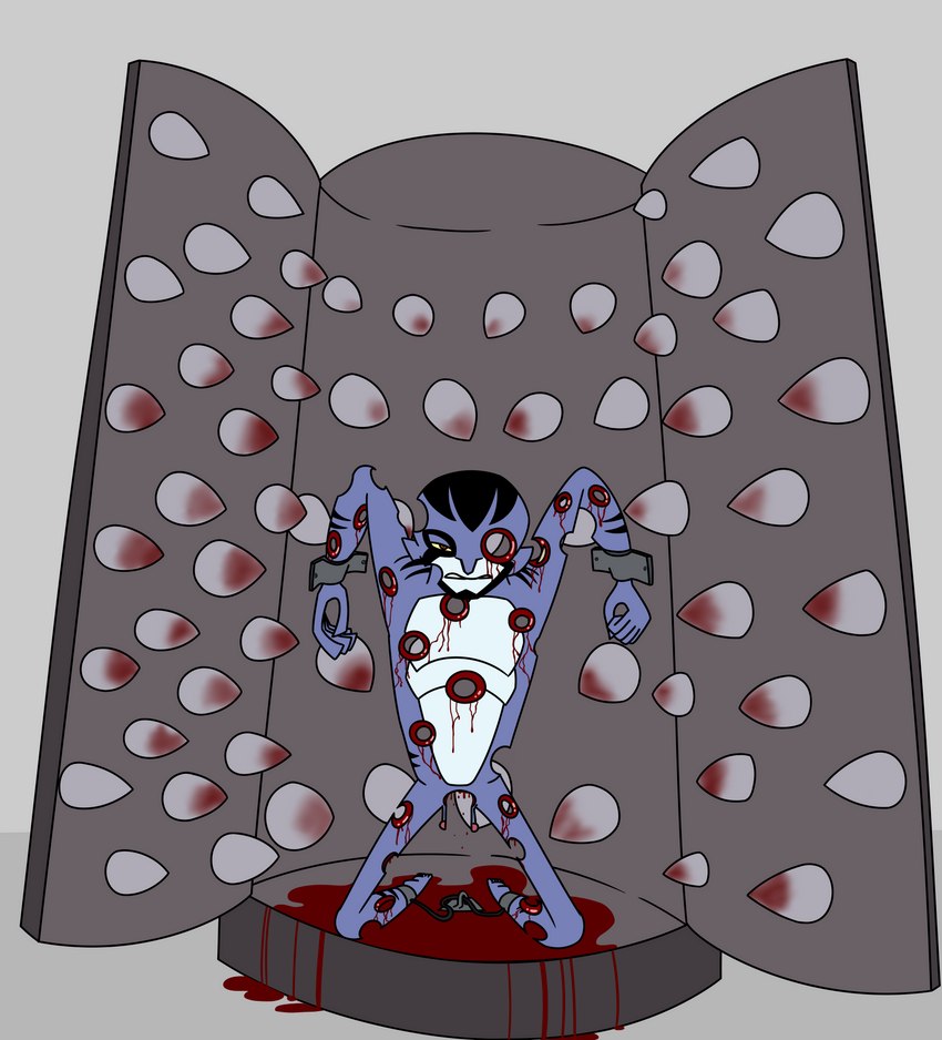 anthro blood bodily_fluids body_horror death genitals gore gore_focus hole_in_pants inside iron_maiden kneeling male male_death mutilation penis slumped snuff solo spikes torture torture_device aaron_amethyst ben_10 cartoon_network rook_blonko alien alien_humanoid humanoid revonnahgander absurd_res digital_media_(artwork) hi_res paint_tool_sai_(artwork)