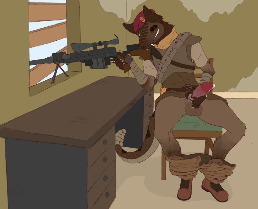 anthro bodily_fluids clothing cum erection genital_fluids genitals gun holding_gun holding_object holding_ranged_weapon holding_weapon male ncr_(fallout) public public_erection ranged_weapon rifle smile sniper sniper_rifle solo uniform weapon addiekilos bethesda_game_studios fallout microsoft skele_(skelebot) canid canine mammal night_stalker_(fallout) reptile scalie snake absurd_res hi_res