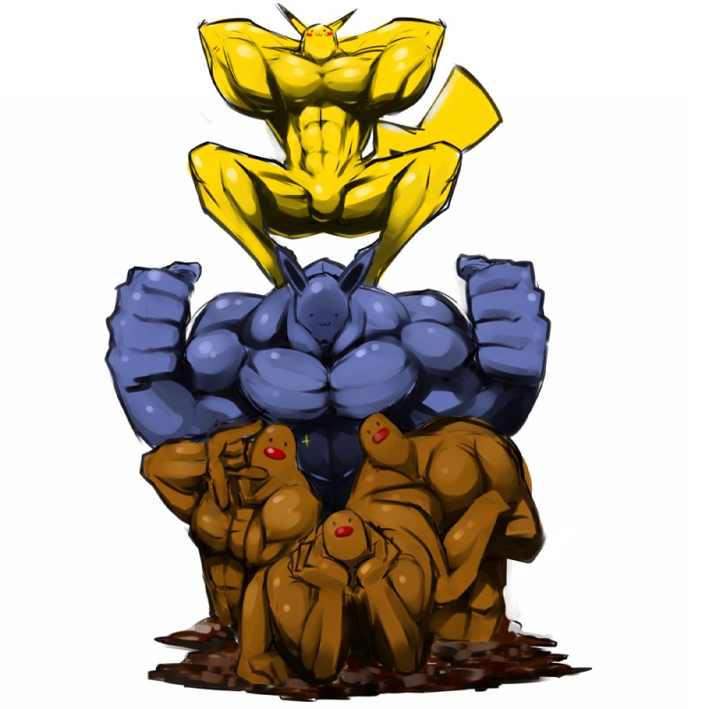 anthro anthrofied group male manly muscular pokemorph pose simple_background team_pose what white_background fukurou_ya nintendo pokemon azumarill dugtrio generation_1_pokemon generation_2_pokemon mammal pikachu pokemon_(species) rodent 1:1