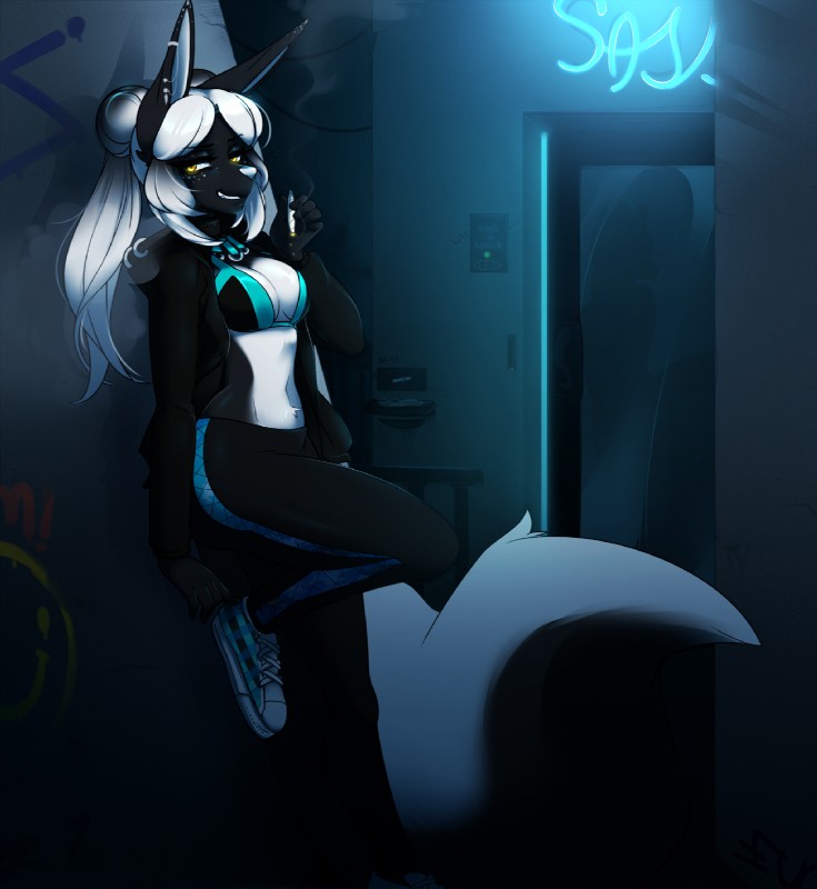 anthro biped breasts clothed clothing detailed_background female footwear fur hair shoes smile solo standing white_body white_fur white_hair here-kitty-kitty canid canine mammal 2019 digital_media_(artwork) hi_res shaded