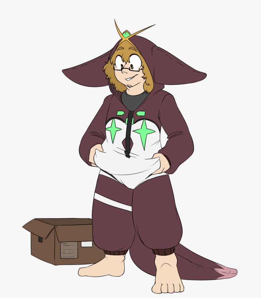 barefoot box brown_hair cardboard cardboard_box clothing container feet hair human_only looking_down male not_furry onesie simple_background smile solo standing robertge human mammal 2024