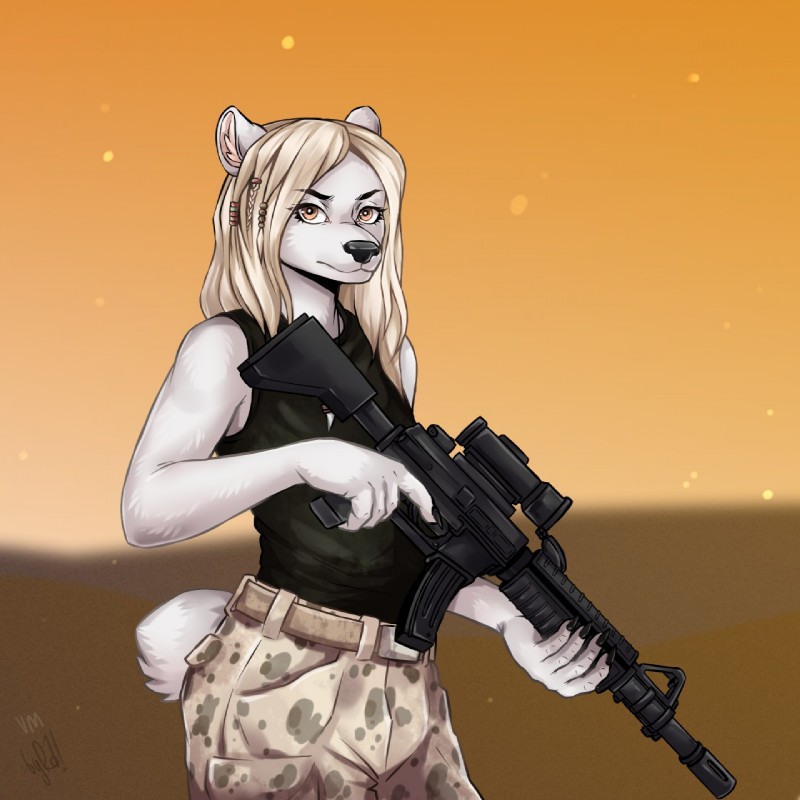 anthro ar_platform black_nose camo clothed clothing female fur gun hair ranged_weapon simple_background solo standing stoner_rifle trigger_discipline weapon white_body white_fur rainter13 villmix anyu_vea bear mammal polar_bear ursine 1:1 2019 digital_media_(artwork) hi_res