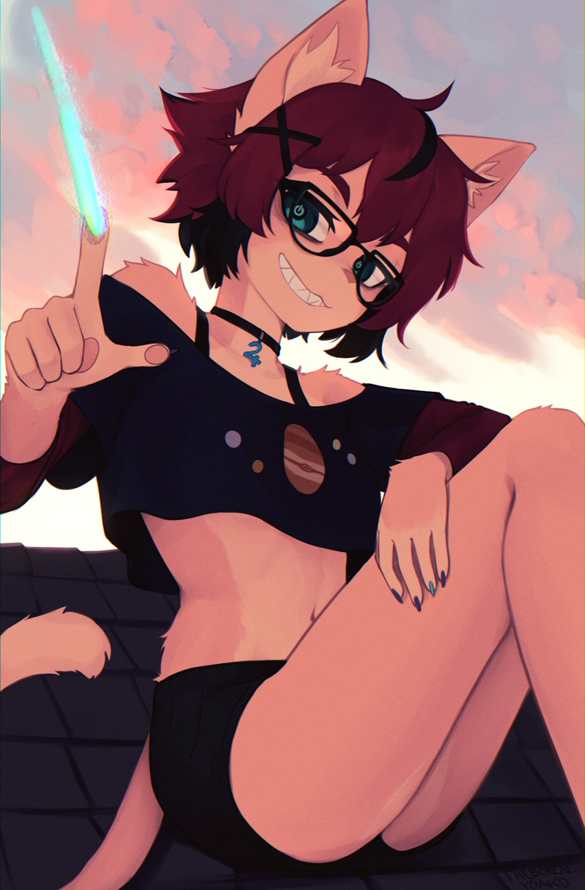 5_fingers accessory alchemical_symbol anthro astrological_symbol astronomical_symbol black_hair bottomwear bra_strap breasts choker chromatic_aberration claws clothed clothing cloud countershading crop_top eyewear female female_anthro finger_claws fingers fur glasses green_eyes grin hair hair_accessory hotpants jewelry jupiter_symbol kemono midriff multicolored_body multicolored_fur multicolored_hair navel necklace outside pawpads pink_nose planet_symbol power_symbol pupils red_hair sharp_teeth shirt short_hair shorts sitting sky small_breasts smile smiling_at_viewer solo symbol tan_body tan_fur teeth text topwear two_tone_body two_tone_fur two_tone_hair unusual_pupils wearing_glasses white_body white_fur yoako aeiou_(yoako) domestic_cat felid feline felis mammal 2022 artist_name digital_media_(artwork) hi_res signature