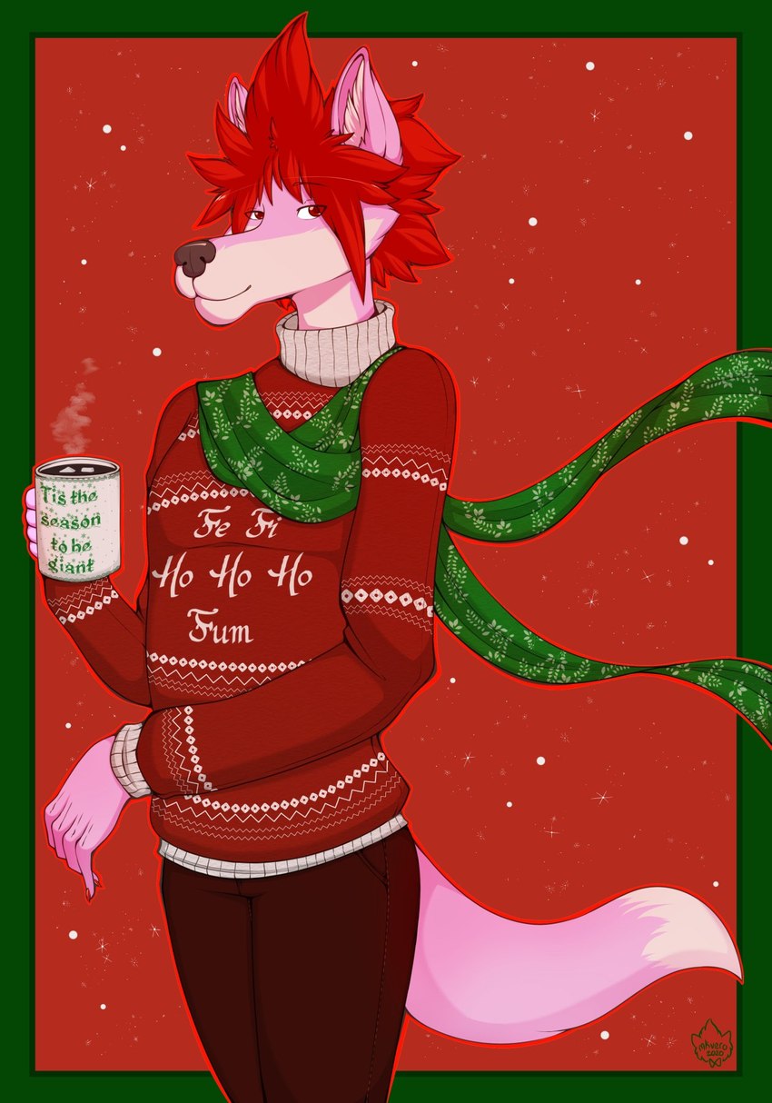 anthro beverage biped bottomwear candy chocolate christmas_clothing christmas_sweater christmas_topwear clothing container cup dessert food fur hair holding_beverage holding_container holding_cup holding_object holidays hot_chocolate male pants pink_body pink_fur red_eyes red_hair scarf simple_background snow solo sweater tail topwear mkvero christmas vero_(mkvero) canid canine canis mammal wolf 2020 colored digital_drawing_(artwork) digital_media_(artwork) hi_res shaded