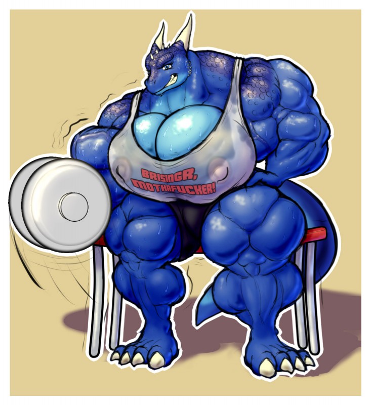 anthro bench biceps big_breasts big_muscles blue_body blue_eyes blue_scales bodily_fluids border bottomwear breasts claws clothing dumbbell exercise female glistening grin holding_object horn huge_breasts huge_muscles hyper hyper_muscles muscular muscular_anthro muscular_female nipple_outline non-mammal_breasts on_bench pants scales shirt smile solo sweat tail tank_top teeth text topwear training translucent translucent_clothing vein weightlifting weights wet wet_clothing wet_shirt wet_topwear white_border workout thematelija inheritance_cycle mythology saphira dragon mythological_creature mythological_scalie scalie english_text engrish hi_res