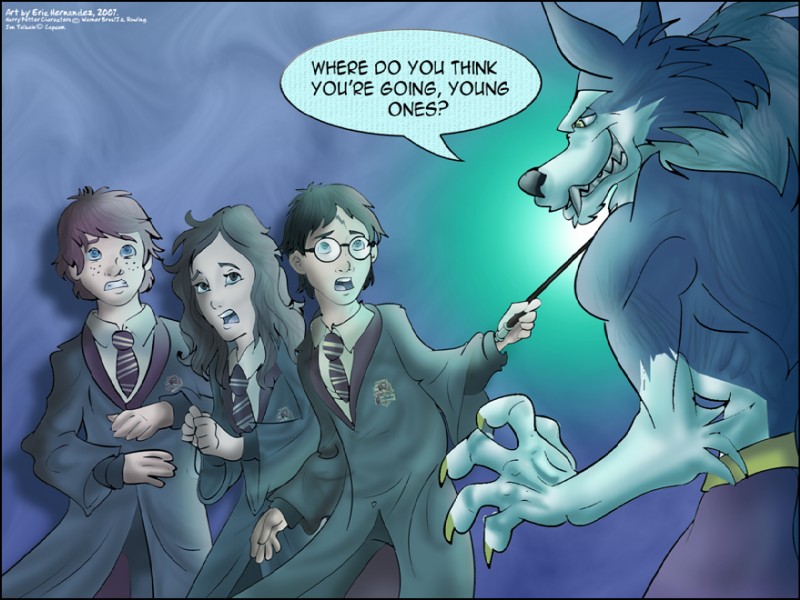 anthro black_nose claws clothing dialogue eye_contact eyewear female freckles glasses group gryffindor hogwarts_uniform looking_at_another magic_user male necktie scared school_uniform smile teeth text uniform wand talbaineric capcom darkstalkers harry_potter_(series) mythology harry_potter hermione_granger jon_talbain ronald_weasley canid canine canis human mammal mythological_canine mythological_creature were werecanid werecanine werewolf wolf 2007 crossover english_text