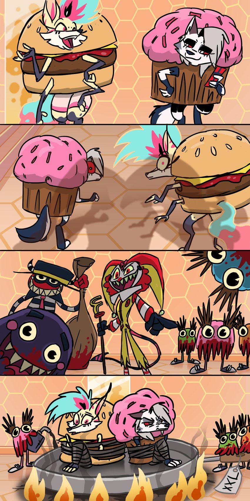 anthro burger burger_costume cheeseburger_costume clothing costume cupcake cupcake_costume female food food_costume group male mascot trio grabbersparlour helluva_boss mcdonald's mythology fizzarolli_(helluva_boss) grimace_(mcdonald's) hamburglar loona_(helluva_boss) queen_bee-lzebub_(helluva_boss) ronald_mcdonald canid canid_demon canine demon fox_spirit hellhound imp mammal mythological_canine mythological_creature 1:2 absurd_res hi_res