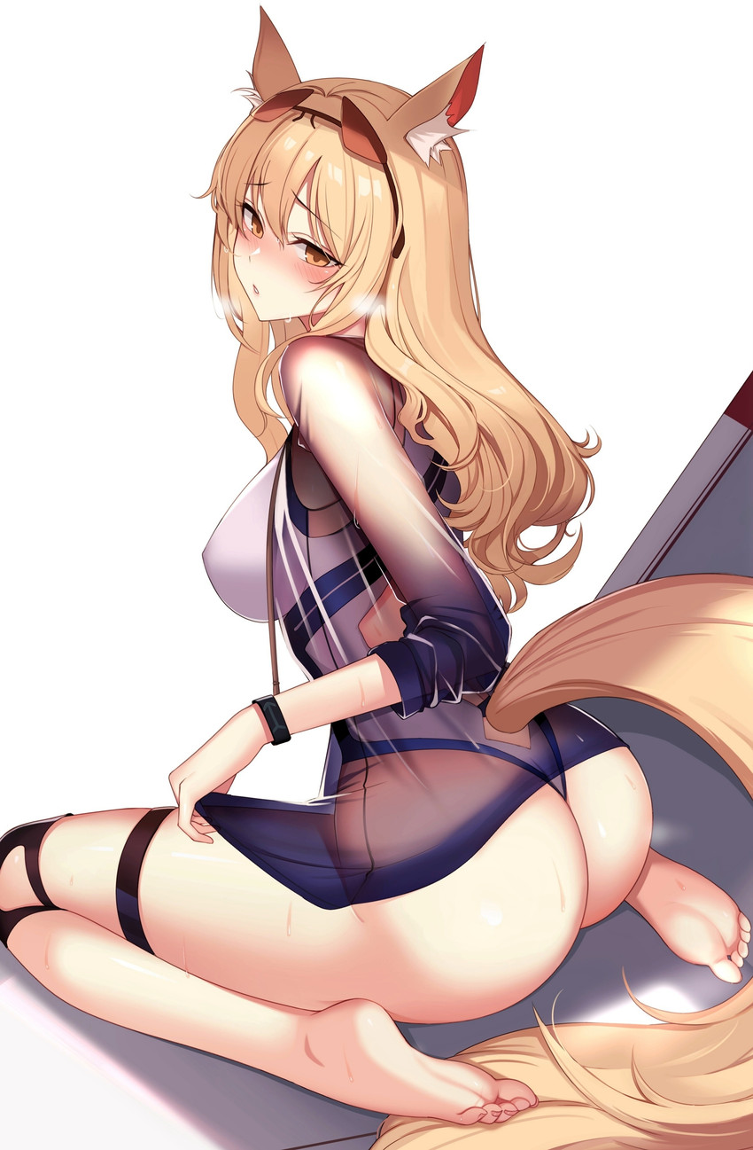 barefoot blonde_hair blush bodily_fluids breasts butt eyewear feet female glasses hair kneeling simple_background solo sweat white_background yellow_eyes ateoyh arknights hypergryph studio_montagne nearl_(arknights) animal_humanoid equid equid_humanoid equine equine_humanoid horse_humanoid humanoid mammal mammal_humanoid 2020 absurd_res hi_res