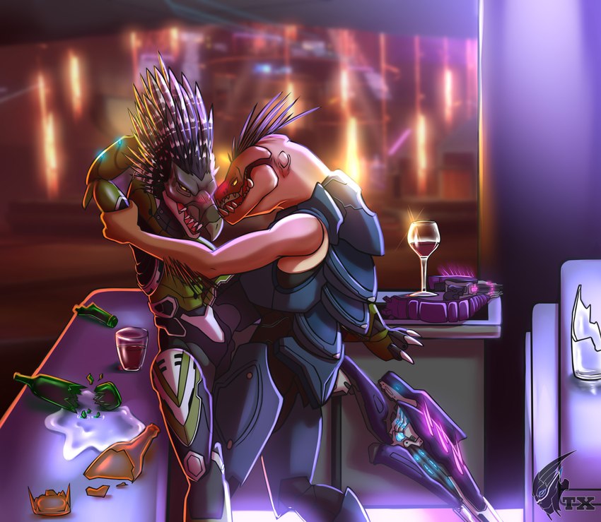 3_fingers 3_toes against_counter against_furniture against_surface alcohol anthro anthro_on_anthro arm_grab arm_quills armor beak beverage blush bodysuit bottle broken_bottle brown_body brown_feather_hair brown_feathers brown_quills carbine city city_background claws clothed clothing container counter cup digitigrade drinking_glass duo eye_contact fangs feather_hair feathers feet female fingers flat_chested fully_clothed glass glass_container glass_cup green_armor grey_armor hand_behind_head inside intraspecies looking_at_another male mottled mottled_body mottled_feathers narrowed_eyes needle_rifle pseudo_hair purple_quills quill_hair raised_leg shards skinsuit standing teeth tight_clothing toe_claws toes tongue tympanum wine wine_glass neonyx halo_(series) microsoft xbox_game_studios cor_zan t'loaki alien avian ibie'shan kig-yar scalie t'vaoan absurd_res colored hi_res shaded