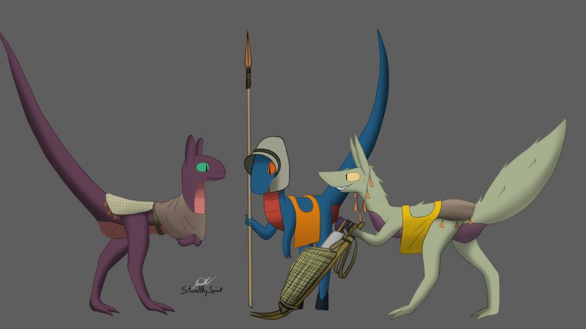 female group happy hooves male melee_weapon polearm simple_background spear tail trio weapon john_doe sam_is_gay dragonscape mythology forl_(thepatchedragon) oli_(thepatchedragon) ralan_(thepatchedragon) dinosaur dragon dromaeosaurid mythological_creature mythological_scalie prehistoric_species reptile scalie theropod hi_res