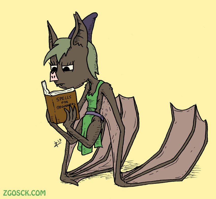 3_toes 4_fingers anthro bat_nose belt blonde_hair book book_title breasts brown_body brown_fur chest_tuft clothing fangs feet female fingers fur green_clothing green_robe hair hat headgear headwear holding_book holding_object holding_object_with_feet looking_at_object membrane_(anatomy) membranous_wings narrowed_eyes open_book pointy_hat purple_belt reading reading_book robe simple_background small_breasts solo spellbook squint standing_on_hands teeth title toes tuft winged_arms wings yellow_background zigmenthotep ironclaw_(rpg) pikwik_(zigmenthotep) bat mammal microbat 2019 signature traditional_media_(artwork)