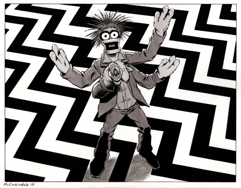 4_arms border clothing jacket looking_at_viewer multi_arm multi_limb parody prawn_(food) ring ring_(jewelry) shirt topwear white_border bruce_mccorkindale muppets muppets_tonight twin_peaks twin_peaks:_fire_walk_with_me pepe_the_king_prawn muppet prawn 2019 crossover greyscale hi_res monochrome signature