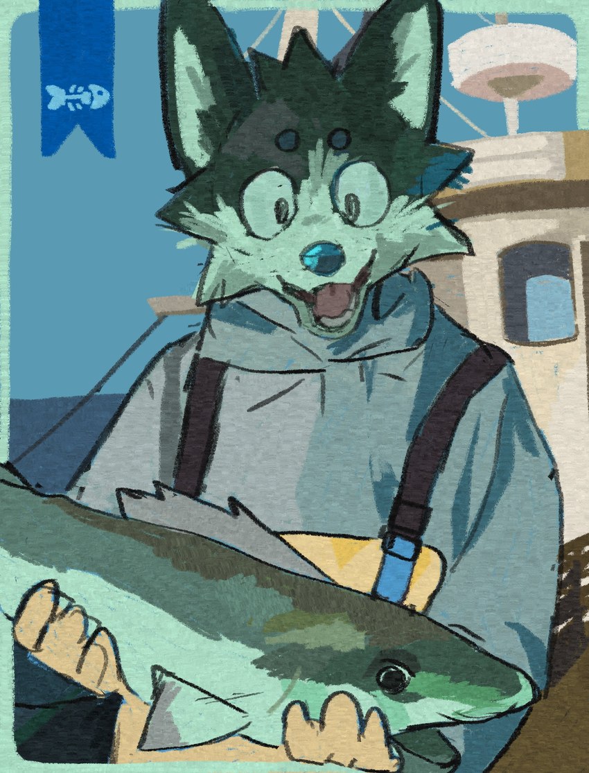 anthro apron boat circle_eyebrows clothed clothed_anthro clothed_male clothing eyebrows fingers front_view fur holding_fish male male_anthro open_mouth open_smile outside sea smile solo vehicle water watercraft sneasul canid canine fish mammal marine 2024 absurd_res hi_res portrait