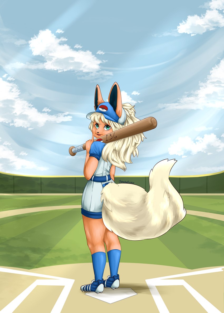 anthro baseball_(sport) baseball_bat baseball_uniform bat_(object) cleats clothing fluffy footwear fur green_eyes orange_body orange_fur plantigrade socks solo sport sportswear tomboy uniform mochasox nintendo pokemon eeveelution flareon generation_1_pokemon pokemon_(species) absurd_res hi_res