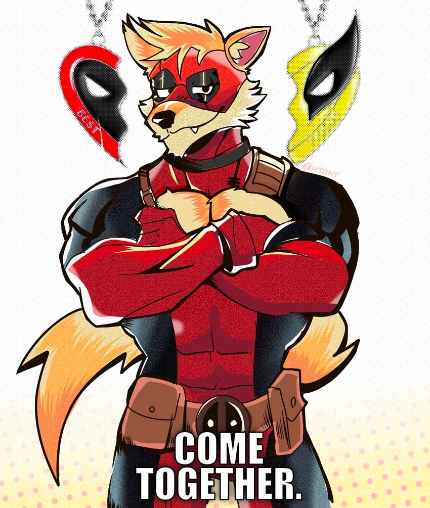 alternate_species anthro bared_fangs biped black_eyes crossed_arms fur furrification looking_at_viewer male mask muscular muscular_anthro muscular_male orange_body orange_fur solo standing superhero_costume text htony deadpool_&_wolverine_(2024) marvel deadpool canid canine fox mammal 2024 english_text hi_res