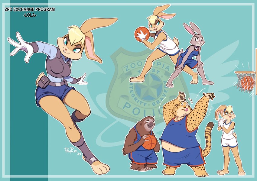 4_fingers anthro ball basketball_(ball) belt blonde_hair blue_eyes bottomwear breasts chubby_cheeks clapping clothing eyebrows eyelashes feet female fingers fur gloves hair hands_on_knees hands_on_legs handwear male police police_uniform ponytail_ears pose shorts tan_body tan_fur uniform powree disney looney_tunes warner_brothers zootopia benjamin_clawhauser judy_hopps lola_bunny cheetah european_rabbit felid feline lagomorph leporid mammal oryctolagus pilosan rabbit sloth xenarthran 2024 hi_res