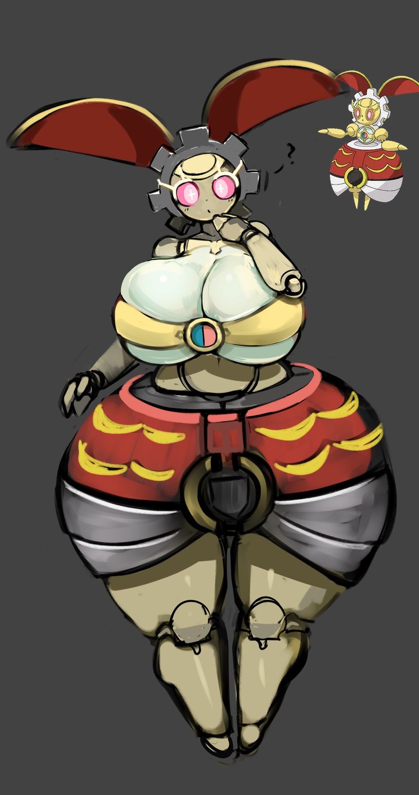 anthro big_breasts big_ears blush blush_lines bottom_heavy breasts cleavage clothed clothing female huge_breasts huge_thighs hyper hyper_thighs looking_at_viewer metallic_body open_mouth pink_eyes question_mark simple_background solo standing thick_thighs under_boob wide_hips yboon nintendo pokemon generation_7_pokemon legendary_pokemon magearna pokemon_(species) 135:256 hi_res official_art