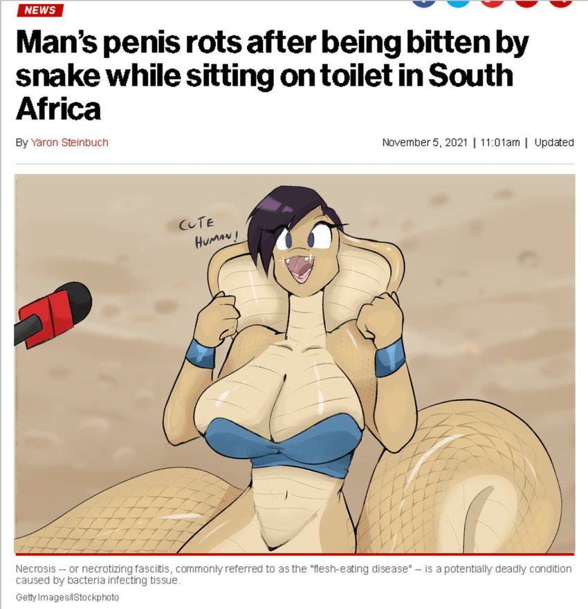 anthro apode big_breasts bra bracelet breasts clothed clothing electronics fangs female hair happy humor jewelry legless microphone news serpentine smile snake_hood teeth text underwear what devilmilk cobra draconcopode naga reptile scalie snake 2021 english_text hi_res