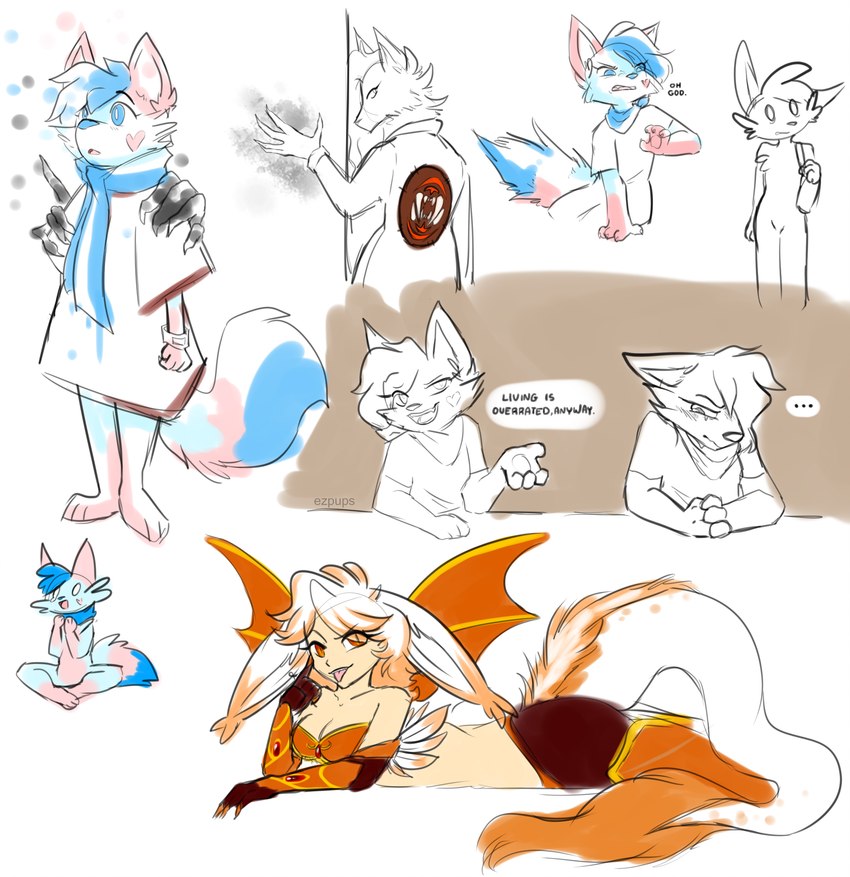 anthro dialogue duo female fluffy fluffy_tail fur kerchief leg_markings markings membrane_(anatomy) membranous_wings scarf simple_background sitting socks_(marking) speech_bubble tail white_background wings ezpups bani_(ezpups) pups_(ezpups) domestic_cat felid feline felis humanoid mammal winged_humanoid 2018 absurd_res colored_sketch hi_res sketch sketch_page