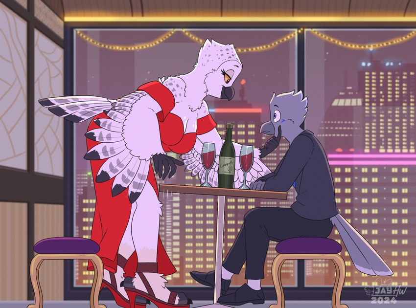 alcohol anthro beak beverage bottomwear breasts caressing chair clothed clothing container cup dress drinking_glass duo eyelashes feathers female footwear fully_clothed furniture glass glass_container glass_cup grey_body grey_feathers high_heels male male/female pants red_clothing red_dress restaurant shoes sitting smile table tail tail_feathers wine wine_glass yellow_eyes sammfeatblueheart silver_(itssilverscout) avian bird corvid corvus_(genus) crow horned_owl oscine owl passerine snowy_owl true_owl hi_res