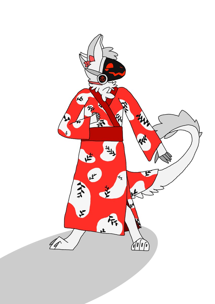 anthro asian_clothing clothed clothing dominant east_asian_clothing female fur grey_body japanese_clothing kimono machine shoeless simple_background solo tail white_body unknown_artist protogen absurd_res hi_res