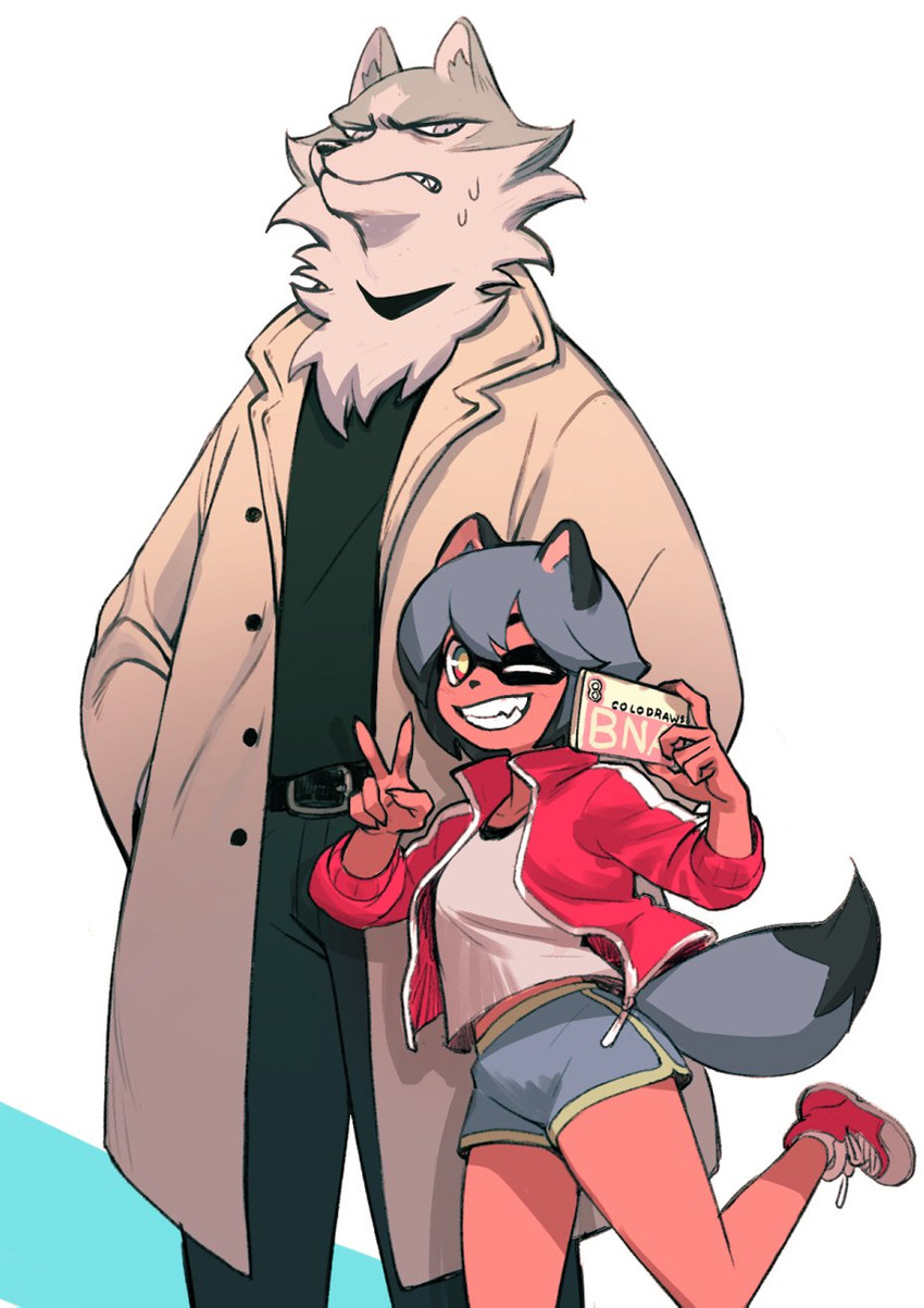 annoyed anthro bodily_fluids clothed clothing duo electronics female fully_clothed gesture hand_gesture heart_symbol male one_eye_closed phone selfie smile sweat sweatdrop v_sign wink colo brand_new_animal studio_trigger michiru_kagemori shirou_ogami canid canine canis humanoid mammal raccoon_dog tanuki wolf hi_res watermark