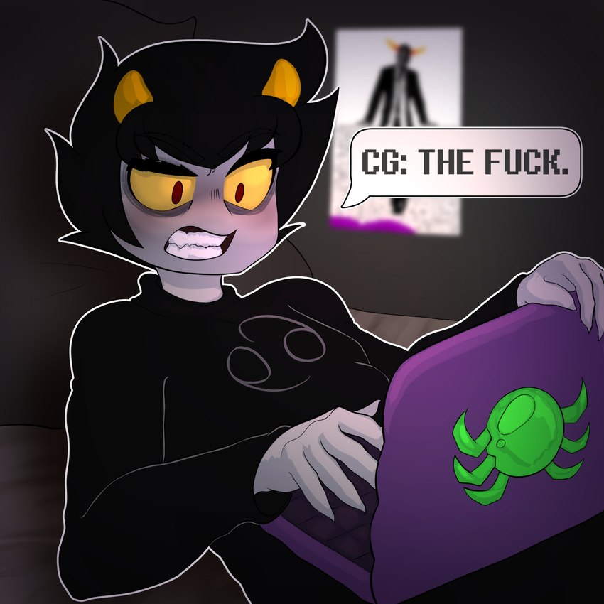 5_fingers bed computer electronics fingers furniture laptop lying male on_back profanity red_eyes teeth text yellow_sclera darkynsfw homestuck ms_paint_adventures karkat_vantas alien troll_(homestuck) 1:1 2022 absurd_res english_text hi_res