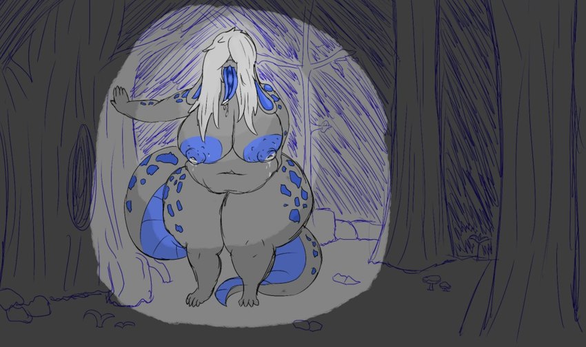 anthro areola big_areola big_breasts big_nipples blue_nipples blue_spots blue_tongue bodily_fluids breasts bumpy_areola dark female forest hair hair_over_eyes hand_on_tree huge_areola huge_breasts huge_nipples lactating leaning_on_tree long_tail long_tongue magic_user markings night nipples nude overweight overweight_female plant pointed_tongue reptile_tail saliva solo spotlight spots spotted_body standing tail thick_tail thick_thighs tongue tongue_out tree white_hair wide_hips witch furryoccultist scalie