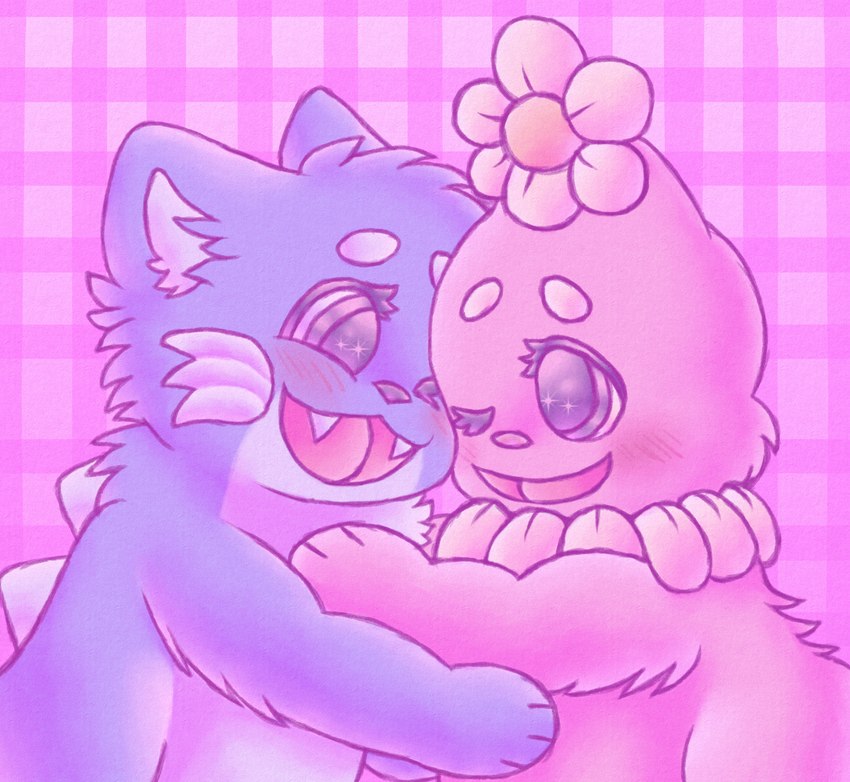 anthro blue_body blue_fur blush duo earless eyebrows fangs female flower fur handpaw hug open_mouth open_smile paws petals pink_body pink_fur plant pointy_ears prick_ears smile sparkles sparkling_eyes teeth fluffycottoncandy15 mythology yo_gabba_gabba foofa toodee domestic_cat dragon elemental_creature felid feline felis flora_fauna flower_creature hybrid mammal mythological_creature mythological_scalie scalie cool_colors hi_res pink_theme