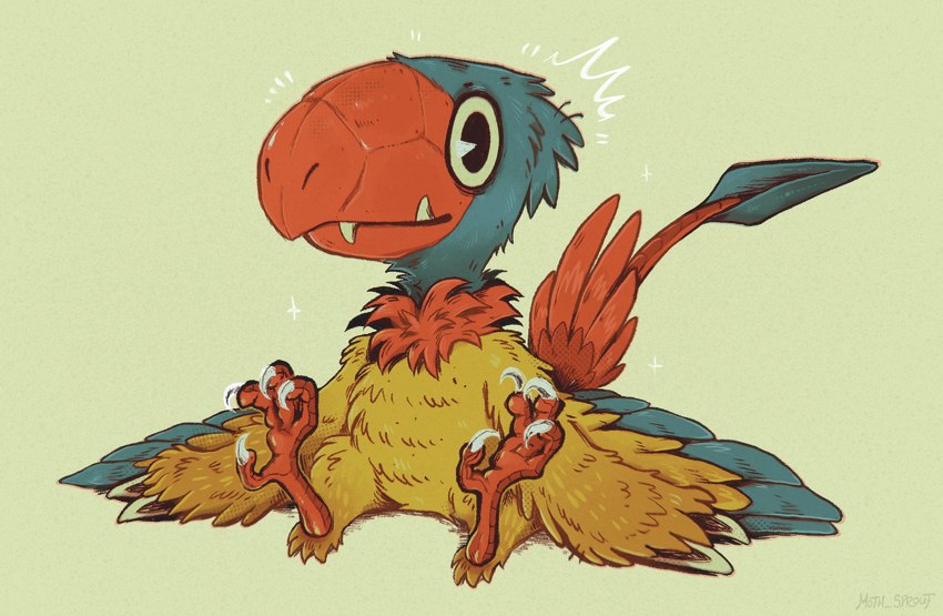 4_toes ambiguous_gender beak black_eyes blue_body blue_feathers fangs feathers feet feral motion_lines outline red_beak red_body red_feathers red_scales red_tail scales simple_background solo tail teeth toes toothed_beak yellow_body yellow_feathers moth_sprout nintendo pokemon archen fossil_pokemon generation_5_pokemon pokemon_(species) hi_res