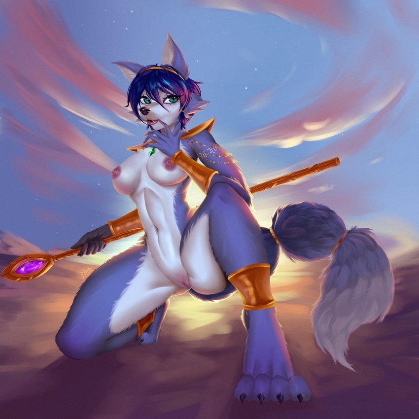 anthro areola blue_body blue_fur blue_hair breasts claws cloud desert feet female fluffy fluffy_tail fur gem genitals gold_(metal) gold_jewelry green_eyes hair jewelry light looking_at_viewer nipples pink_areola pink_nipples presenting presenting_breasts presenting_pussy pussy solo sunlight sunrise tail weapon white_body white_fur moirah nintendo star_fox krystal_(star_fox) canid canine fox mammal 1:1 2022 absurd_res hi_res