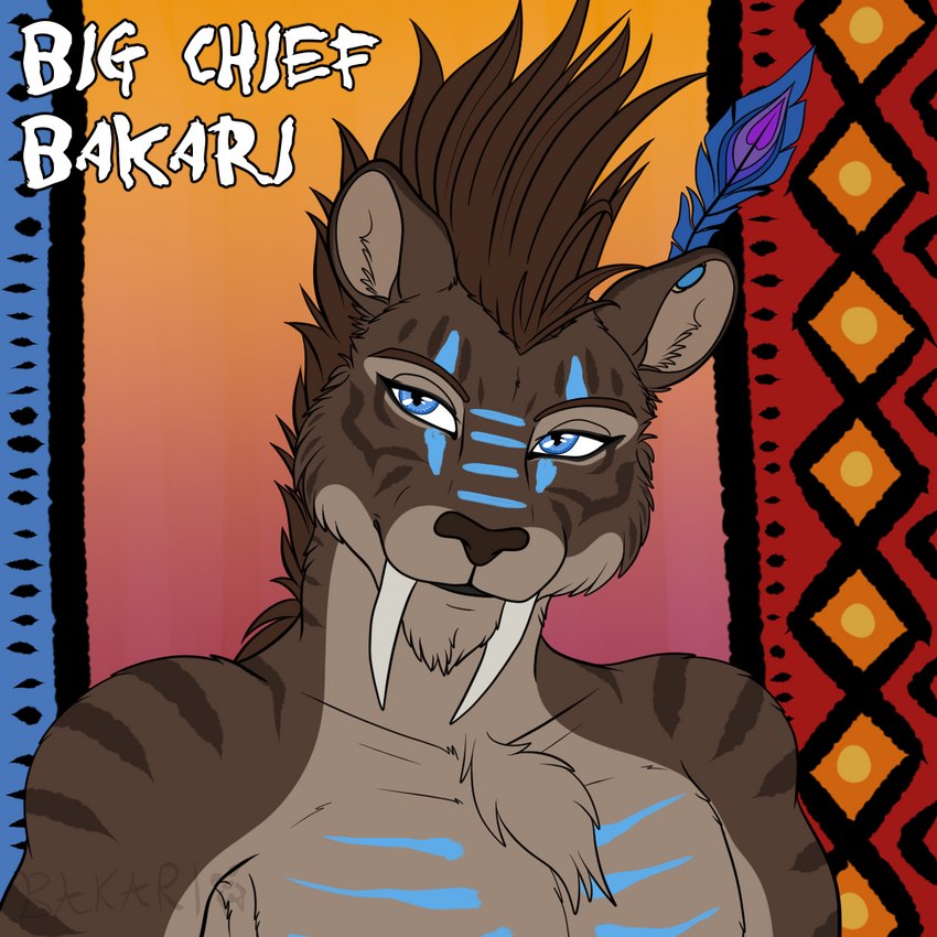 blue_eyes bodypaint brown_body brown_fur fangs fur male markings mohawk sabertooth_(anatomy) solo striped_body striped_fur striped_markings stripes teeth war_paint warpaint big_chief_bakari_(artist) bakari_abamwemwande_(character) felid mammal prehistoric_species saber-toothed_tiger 1:1 bust_portrait hi_res portrait