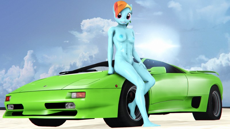 anthro blue_body blue_skin breasts car female hair looking_at_viewer motor_vehicle multicolored_hair navel nipples nude on_hood outside rainbow_hair sitting_on_car sitting_on_vehicle small_breasts solo vehicle dashie116 friendship_is_magic hasbro lamborghini lamborghini_diablo my_little_pony rainbow_dash_(mlp) equid equine horse mammal pony 16:9 3d_(artwork) digital_media_(artwork) hi_res widescreen