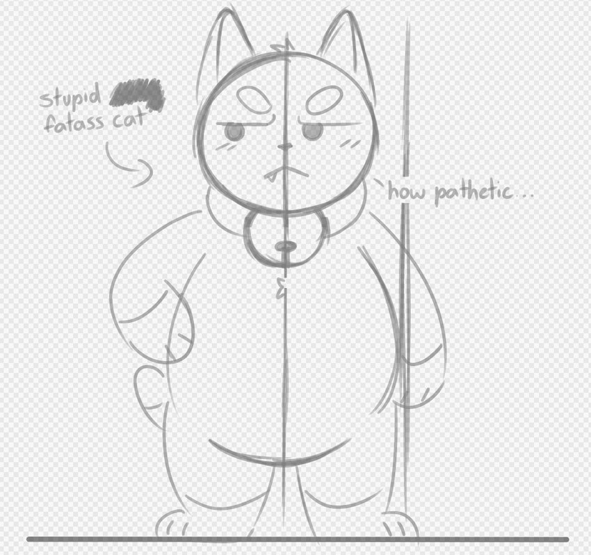 anthro arrow_sign bell bell_collar blush blush_lines collar fangs featureless_crotch front_view fur hair half-closed_eyes hand_on_hip hand_on_own_hip looking_away male narrowed_eyes pose sharp_teeth solo standing tail teeth text rydryd bee_and_puppycat cartoon_hangover puppycat domestic_cat felid feline felis mammal 2024 digital_media_(artwork) english_text guide_lines monochrome sketch