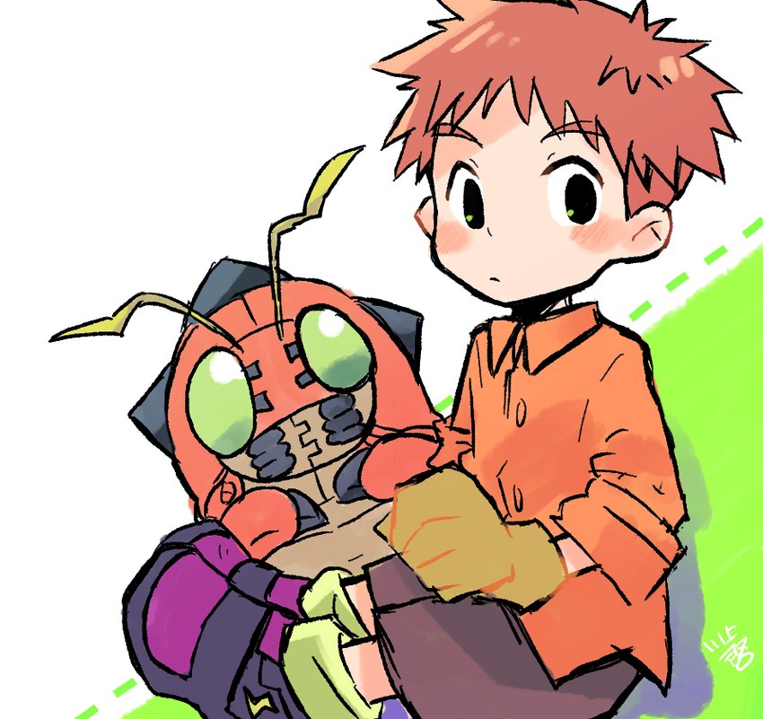 antennae_(anatomy) anthro blush clothing duo gloves green_eyes hair handwear male red_body red_hair radiospeed14 bandai_namco digimon izzy_izumi arthropod digimon_(species) human mammal tentomon