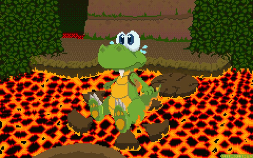 anthro backpack bodily_fluids burning butt_on_fire claws fire green_body green_scales lava male pain scales snaggle_tooth solo tail tears teeth toe_claws uhoh xandernt croc_(series) croc_(croc) crocodile crocodilian reptile scalie 16:10 digital_media_(artwork) hi_res pixel_(artwork) widescreen