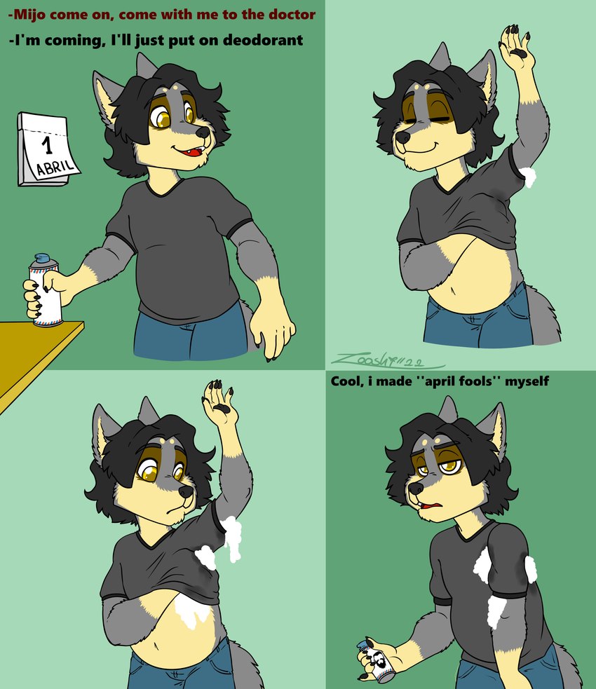 anthro belly big_belly clothing deodorant hair holidays humor joke long_hair male shaving_cream shirt slightly_chubby slightly_chubby_male solo t-shirt text topwear yellow_eyes zooshi april_fools'_day zooshi_(character) canid canine canis mammal wolf absurd_res comic hi_res