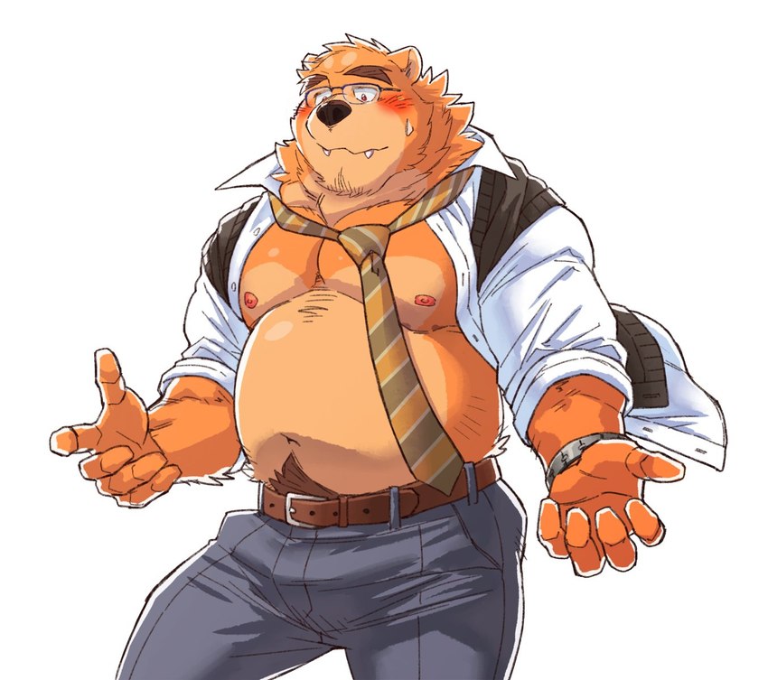 anthro belly blush bottomwear clothed clothing cute_fangs eyewear fangs glasses humanoid_hands kemono male moobs necktie nipples open_clothing open_shirt open_topwear overweight overweight_male pants shirt solo teeth topwear ryuta-h bear canid canine canis domestic_dog mammal 2022 hi_res