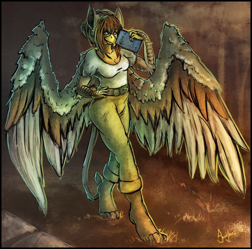anthro black_border border bottomwear burd clothing female pants shirt strut t-shirt tablet_computer topwear walking wings mythology avian bird gryphon mythological_avian mythological_creature absurd_res hi_res