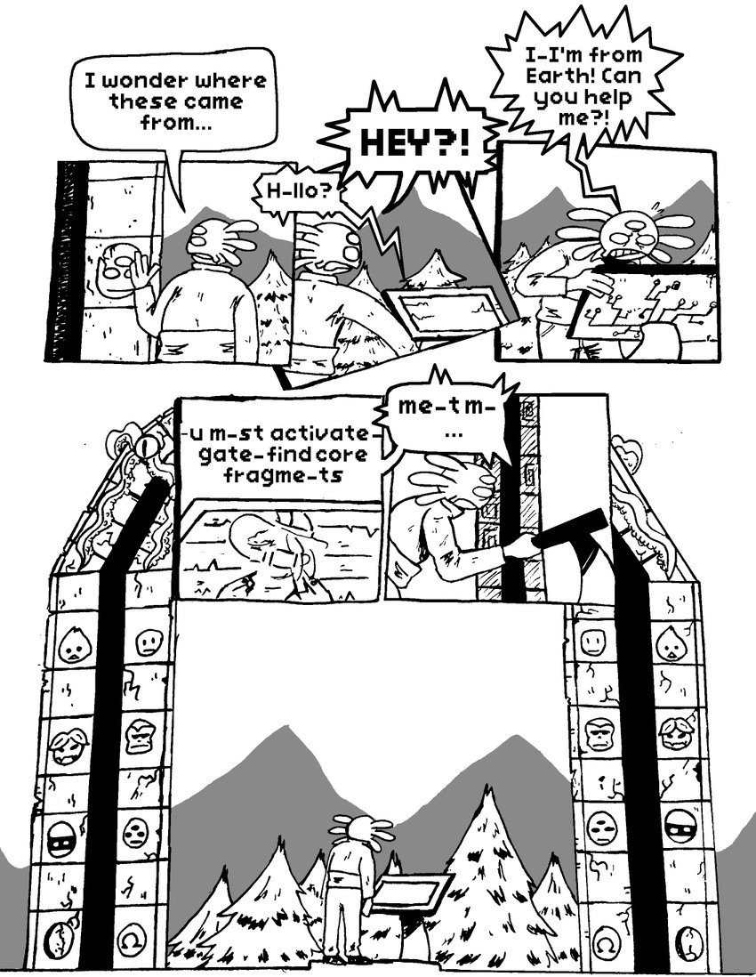 anthro clothed clothing dialogue male text afuckingcamel-zenge-art_(artist) chucklefish starbound kenta_(afuckingcamel) alien hylotl black_and_white comic english_text hi_res monochrome traditional_media_(artwork)