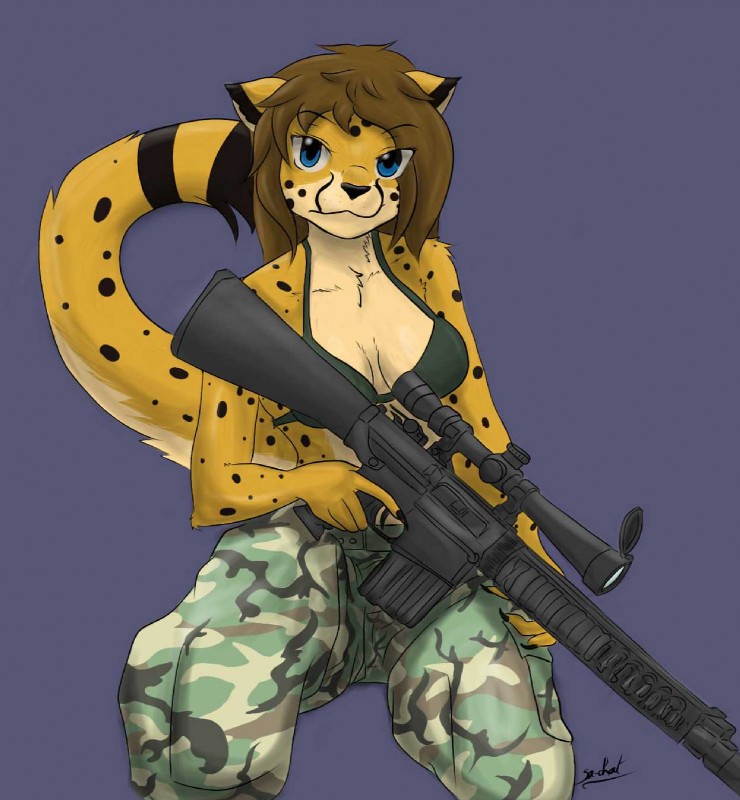 anthro ar-10 ar_platform army biped black_body black_fur blue_eyes bra breasts brown_hair camo camo_print clothed clothing female front_view fur gun hair holding_gun holding_object holding_ranged_weapon holding_weapon looking_at_viewer markings military purple_background ranged_weapon rifle simple_background sitting sniper solo spots spotted_body spotted_fur stoner_rifle underwear weapon yellow_body yellow_fur sa-chat sachat cheetah felid feline mammal 2019 digital_media_(artwork) hi_res portrait signature three-quarter_portrait