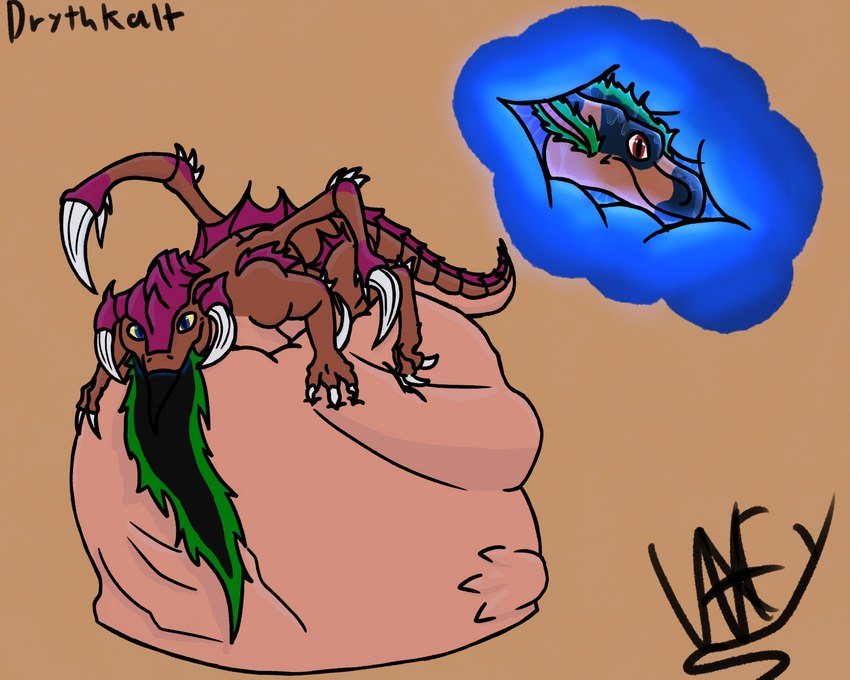 blue_eyes brown_body claws duo exoskeleton feral feral_pred feral_prey internal male male_pred male_prey markings oral_vore organs partially_inside purple_markings quadruped smaller_pred spines stomach tusks vore yellow_sclera vaxeythedraggy blizzard_entertainment starcraft drythkalt zerg zergling 5:4 hi_res