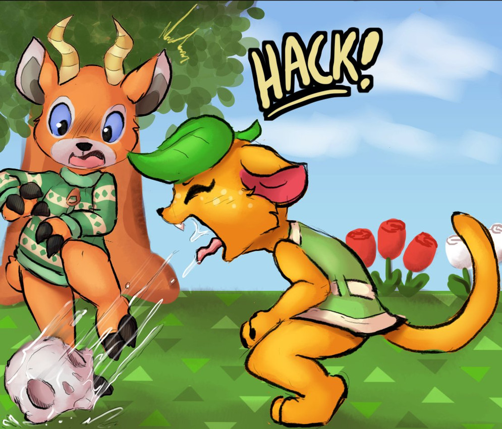 anthro antlers bodily_fluids bone claws clothed clothing duo fangs female finger_claws freckles horn leaf leaf_hair male pawpads paws plant plant_hair pseudo_hair saliva saliva_string skull skull_head spitting spitting_out teeth vore_implied muhny animal_crossing nintendo beau_(animal_crossing) tangy_(animal_crossing) deer domestic_cat felid feline felis mammal mouse murid murine rodent