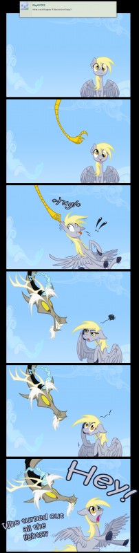 blind blonde_hair derp_eyes disability exclamation_point fangs feathered_wings feathers female hair question_mark sharp_teeth teeth wings yellow_eyes grievousfan friendship_is_magic hasbro my_little_pony mythology derpy_hooves_(mlp) discord_(mlp) chimera draconequus equid equine mammal mythological_creature mythological_equine pegasus 2015 absurd_res alpha_channel comic hi_res