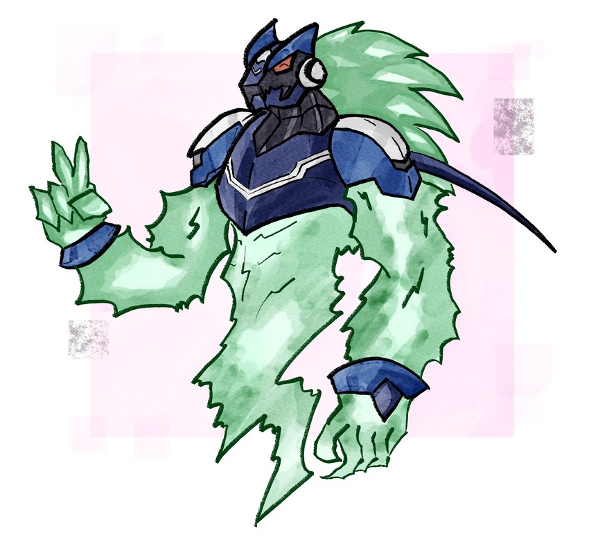 armor blue_body electricity green_body male not_furry red_eyes science_fiction simple_background solo teyl'nir_(artist) capcom mega_man_(series) mega_man_star_force omega-xis electricity_creature elemental_creature em_being absurd_res digital_drawing_(artwork) digital_media_(artwork) hi_res