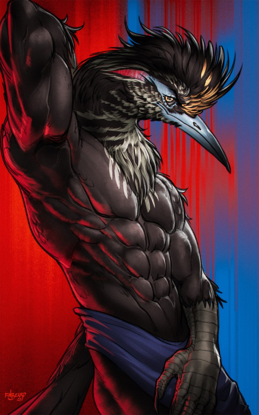 abs anthro arm_over_shoulder athletic beak bedroom_eyes clothed clothing countershading covering covering_crotch fur hand_behind_back looking_at_viewer male muscular muscular_male narrowed_eyes partially_clothed raised_arm seductive simple_background solo finbeard animal_humanoid avian avian_humanoid bird bird_humanoid cuculiform cuculiform_humanoid humanoid new_world_ground_cuckoo roadrunner roadrunner_humanoid absurd_res digital_drawing_(artwork) digital_media_(artwork) hi_res