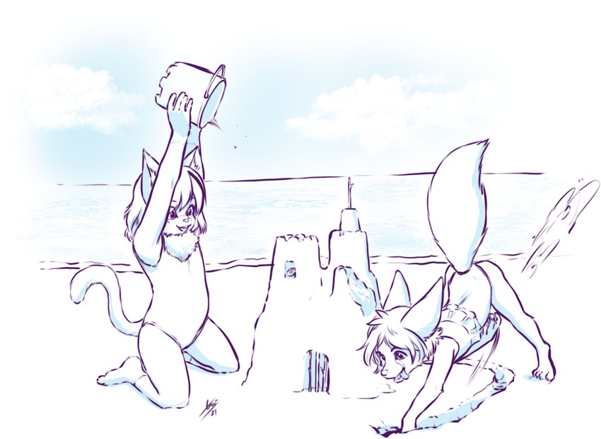 anthro beach biped clothed clothing digging duo female hair sand_castle sculpture swimwear tail tongue tongue_out young young_anthro young_female aogami canid canine domestic_cat felid feline felis fennec_fox fox mammal true_fox absurd_res hi_res monochrome