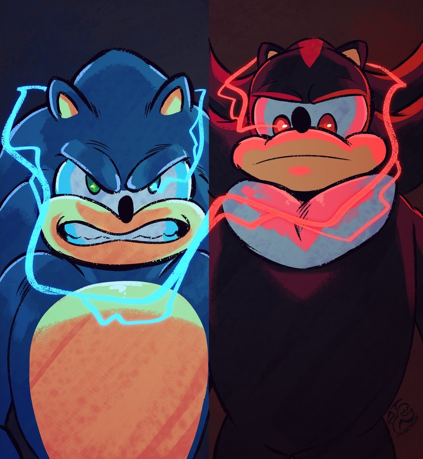 anthro black_body black_fur blue_body blue_fur chest_tuft duo electricity fur glaring glaring_at_viewer green_eyes male red_eyes split_screen tuft jasperthecrab sega sonic_the_hedgehog_(series) shadow_the_hedgehog sonic_the_hedgehog eulipotyphlan hedgehog mammal hi_res