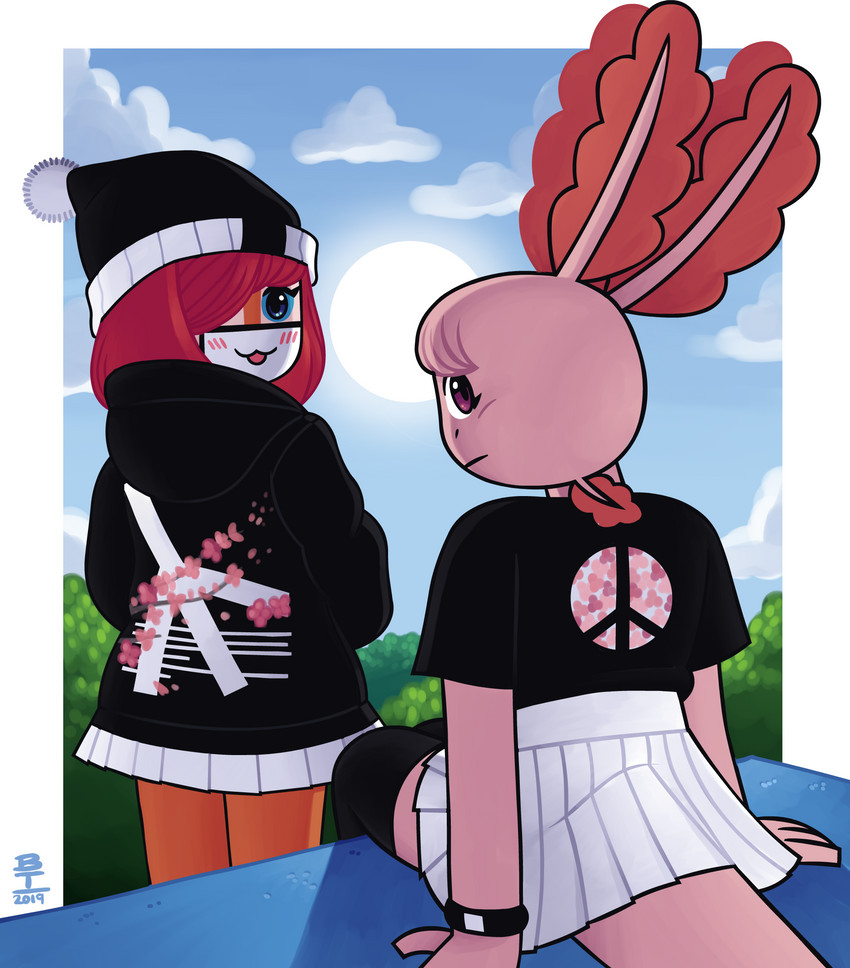 anthro bottomwear clothed clothing duo face_mask female fully_clothed hair hair_over_eye hoodie one_eye_obstructed peace_symbol shirt sitting skirt t-shirt topwear wazzaldorp real_axolotl_hours axey_(wazzaldorp) koi-chan amphibian amur_carp axolotl carp cyprinid cypriniform fish koi marine mole_salamander salamander typical_carp 2019 hi_res