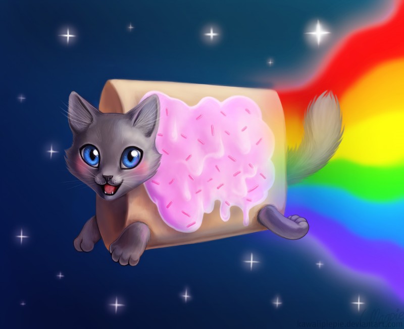 ambiguous_gender blue_eyes feral flying food frosting happy looking_at_viewer quadruped rainbow rainbow_trail solo space sprinkles star tail magpie_(artist) nyan_cat_(copyright) pop-tarts nyan_cat domestic_cat felid feline felis food_creature hybrid mammal poptart_creature hi_res meme